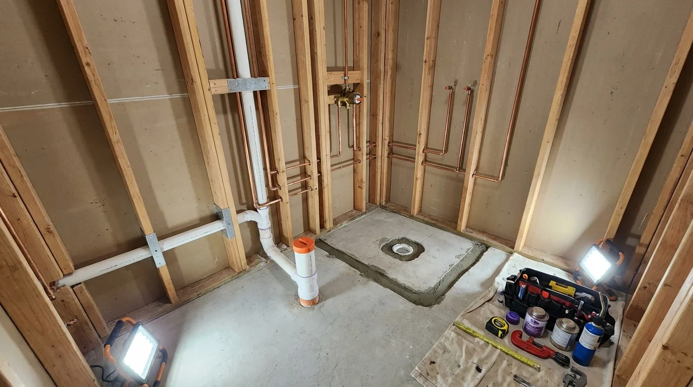 Bathroom rough-in plumbing during remodel by Johns Plumbing LLC in Waterville