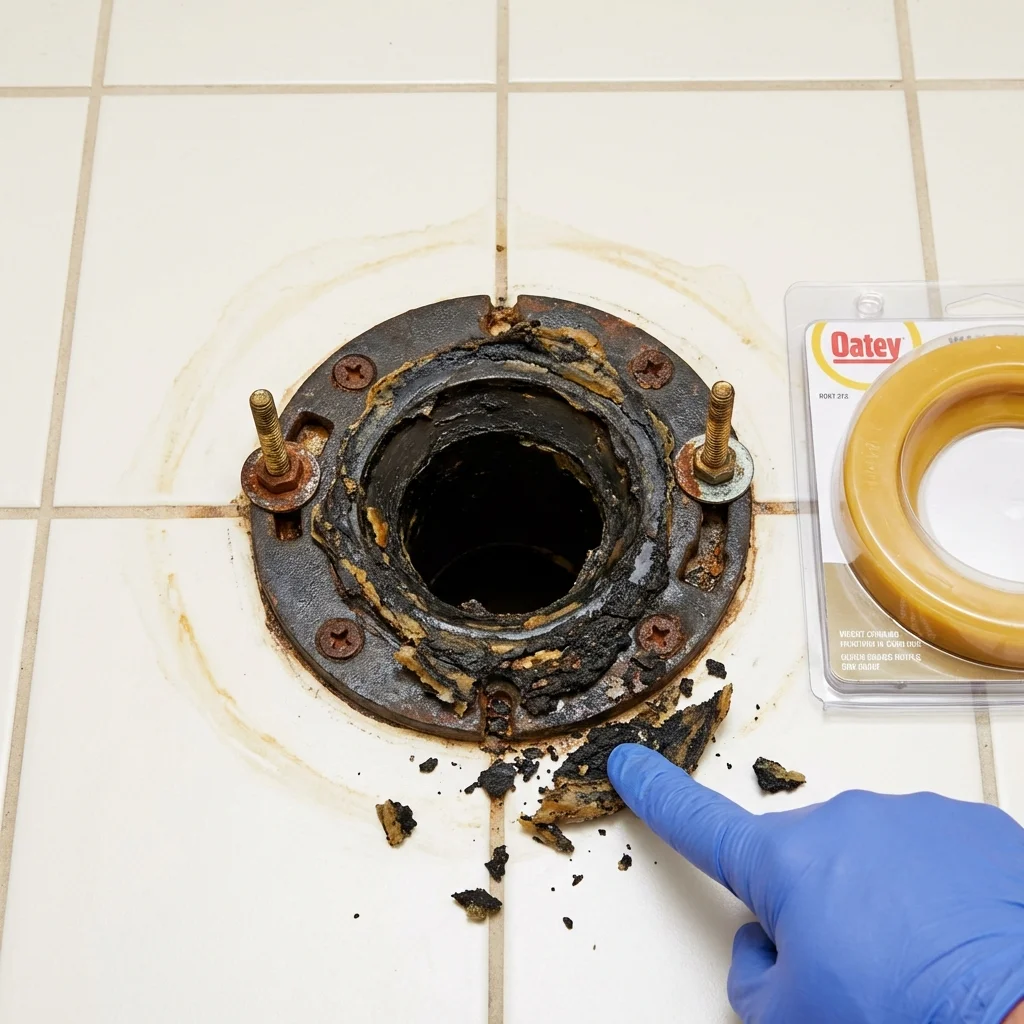 Failed wax ring showing water seepage at the base of a toilet in a Waterville, OH home